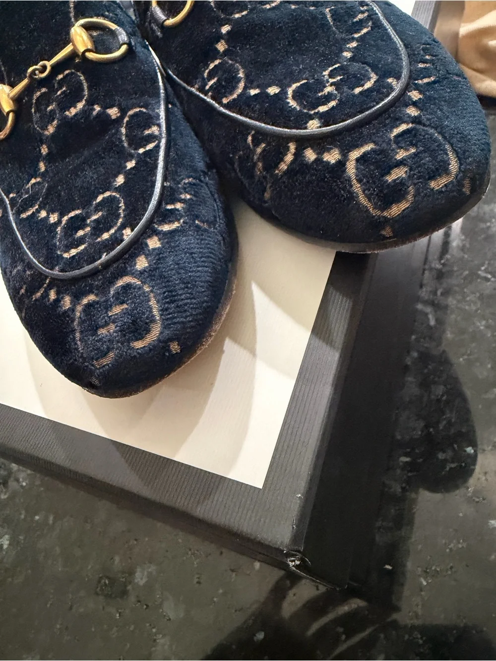 Gucci Women's Jordaan Navy Velvet Horsebit Loafers